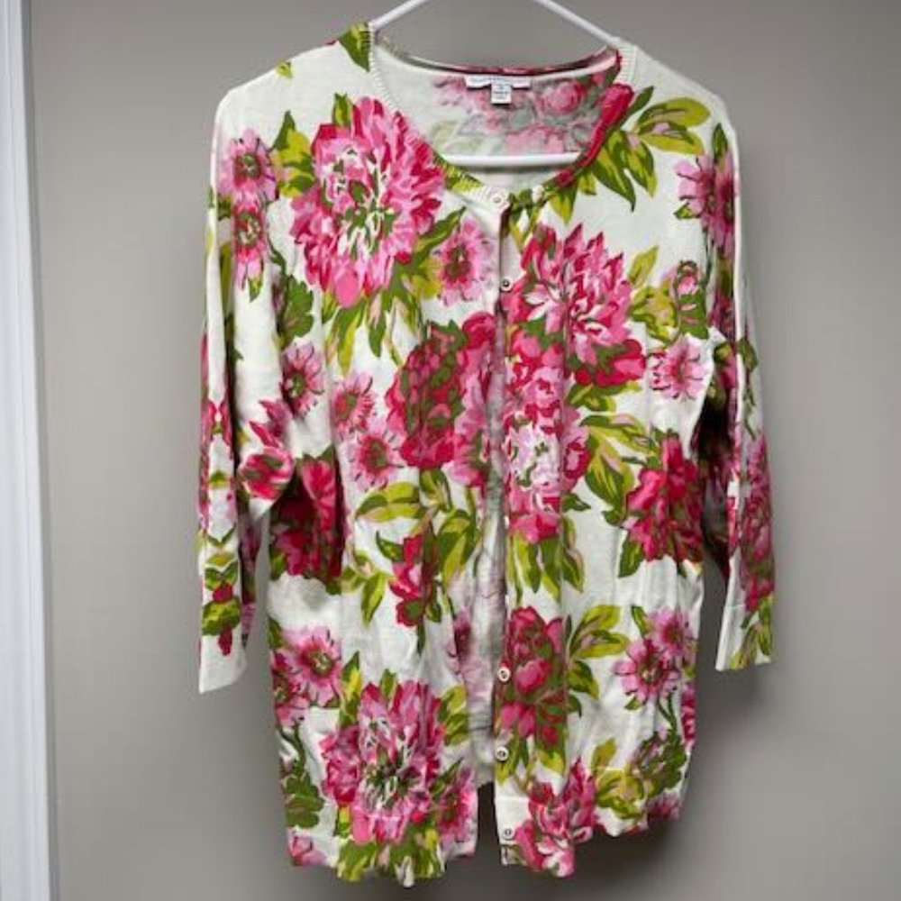 Isaac Mizrahi Live 3/4 sleeved cotton sweater, white/pink/green, 1X, like new!